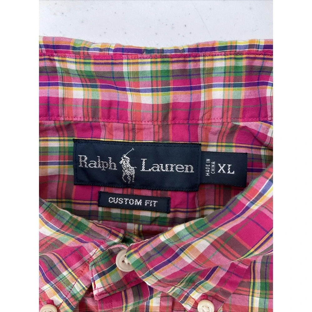 Polo Ralph Lauren Shirt Men Sz XL Custom Fit Plaid Pink Spring Long Sleeve Pony